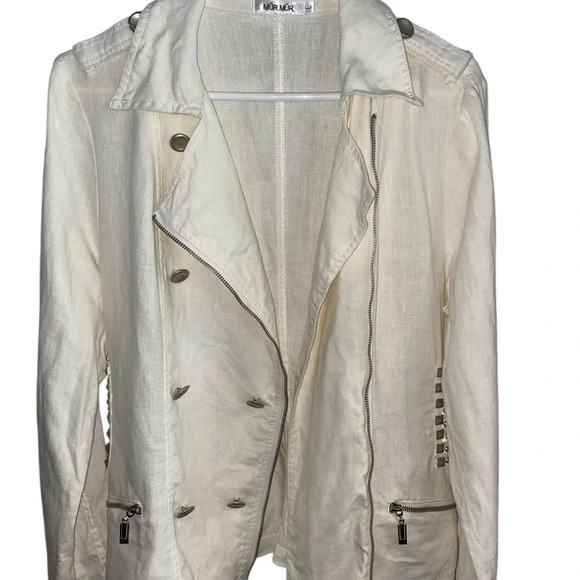 Mur Mur white studded linen double breasted moto military style zipper jacket - Picture 11 of 12